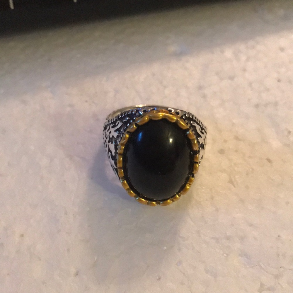 Vintage Black Onyx Two-Toned Statement Ring - Silver with Gold Accents